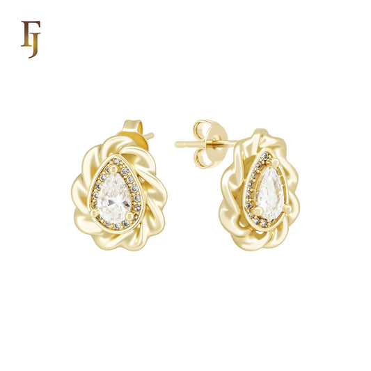 Pear shaped ribbon white CZs 14K Gold, Rose Gold Stud Earrings