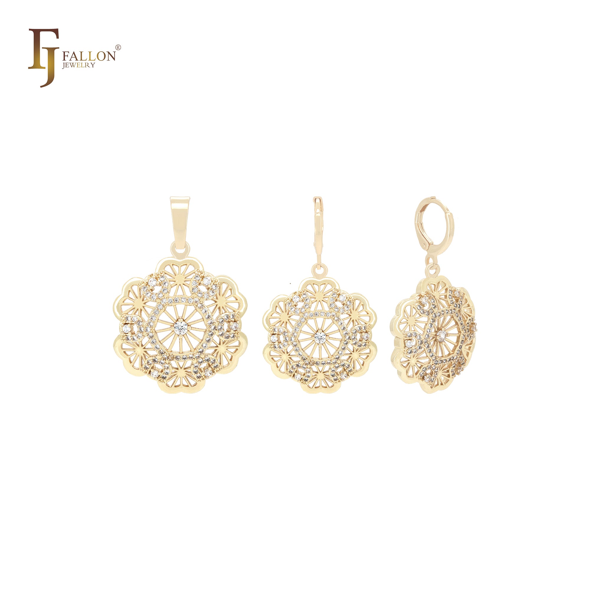 Conjunto de joyas de oro de 14 quilates con circonitas blancas hexagonales y colgante de copo de nieve