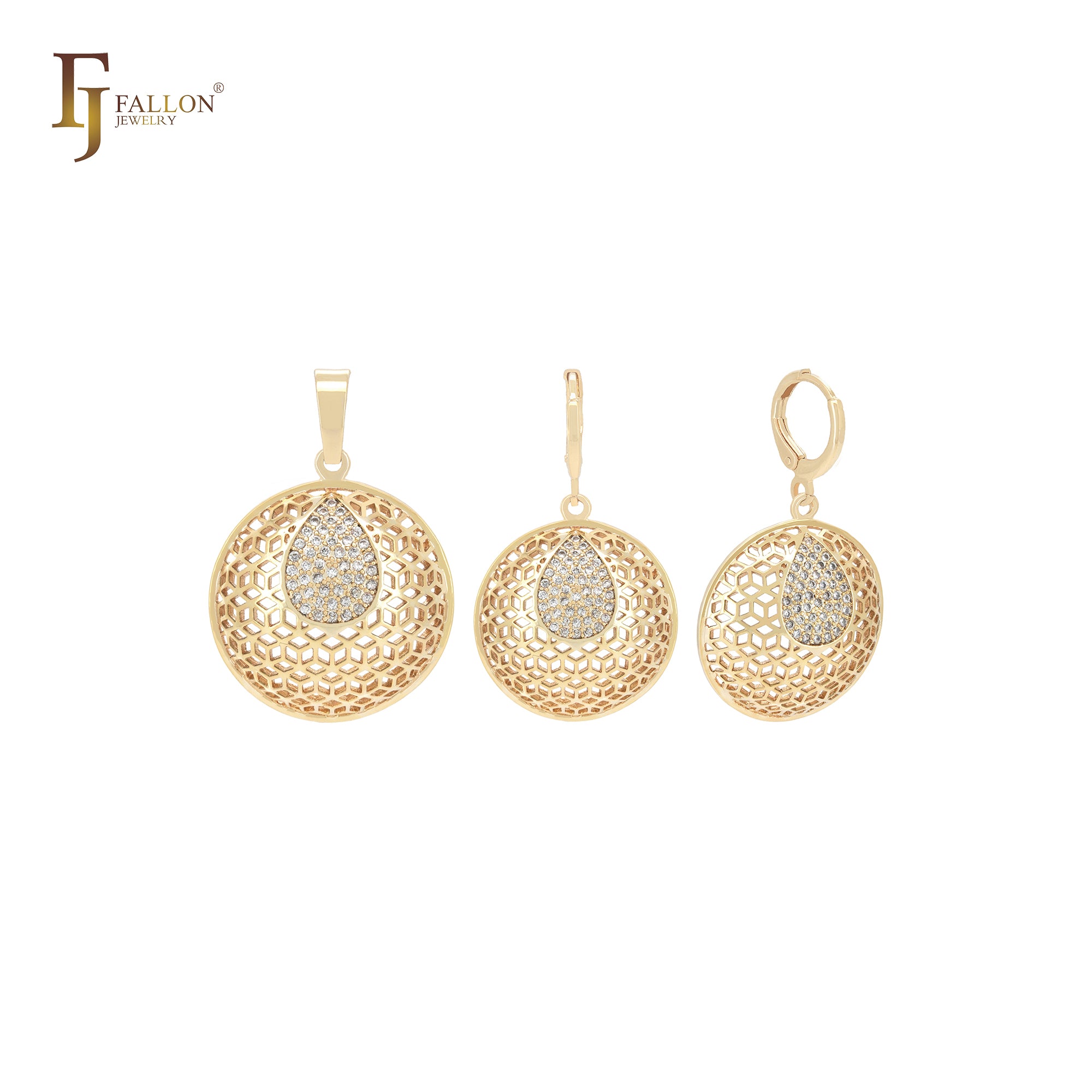 Hexagon textured rounded circle 14K Gold Jewelry Set with Pendant