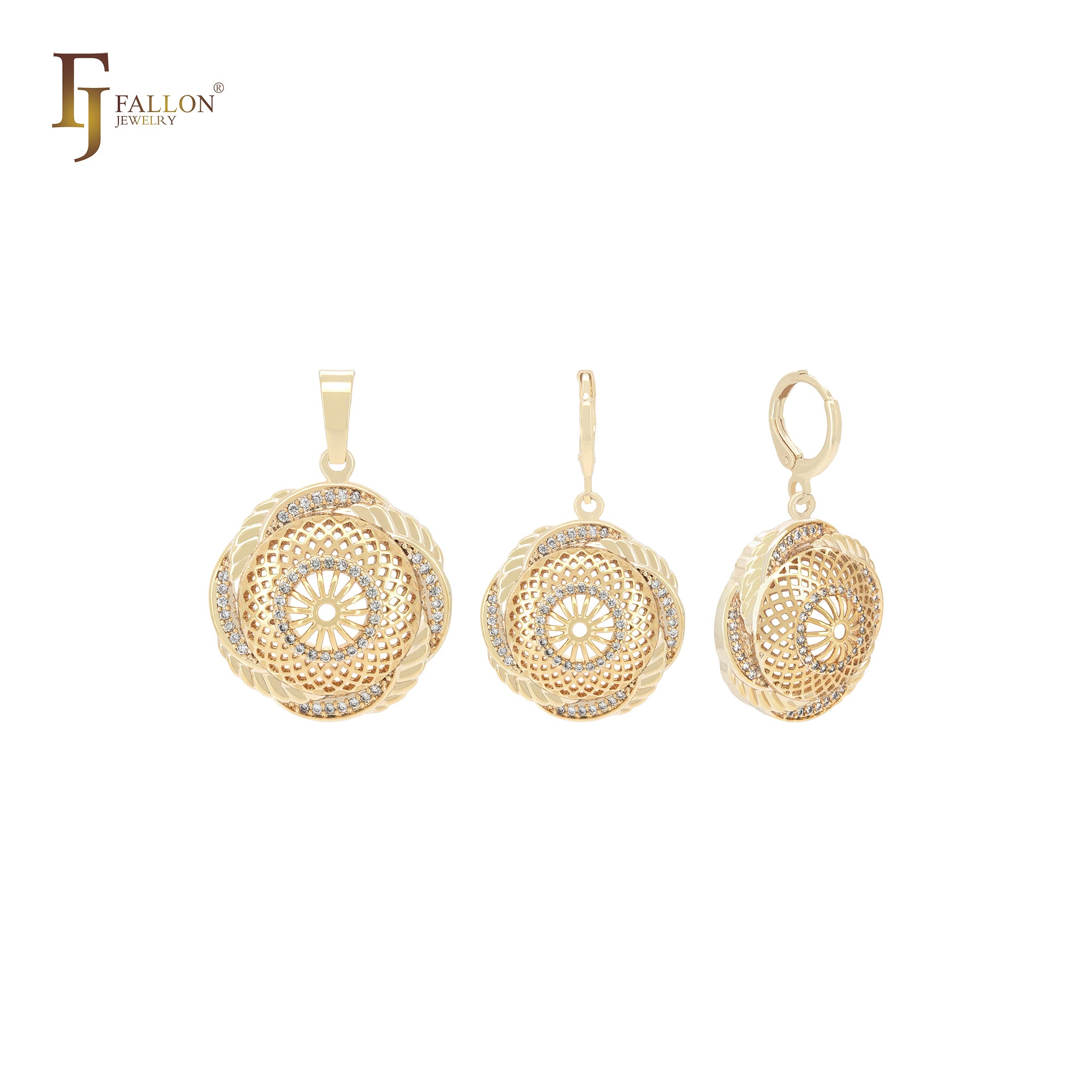 Spinning sunflower textured white CZs 14K Gold Jewelry Set with Pendant