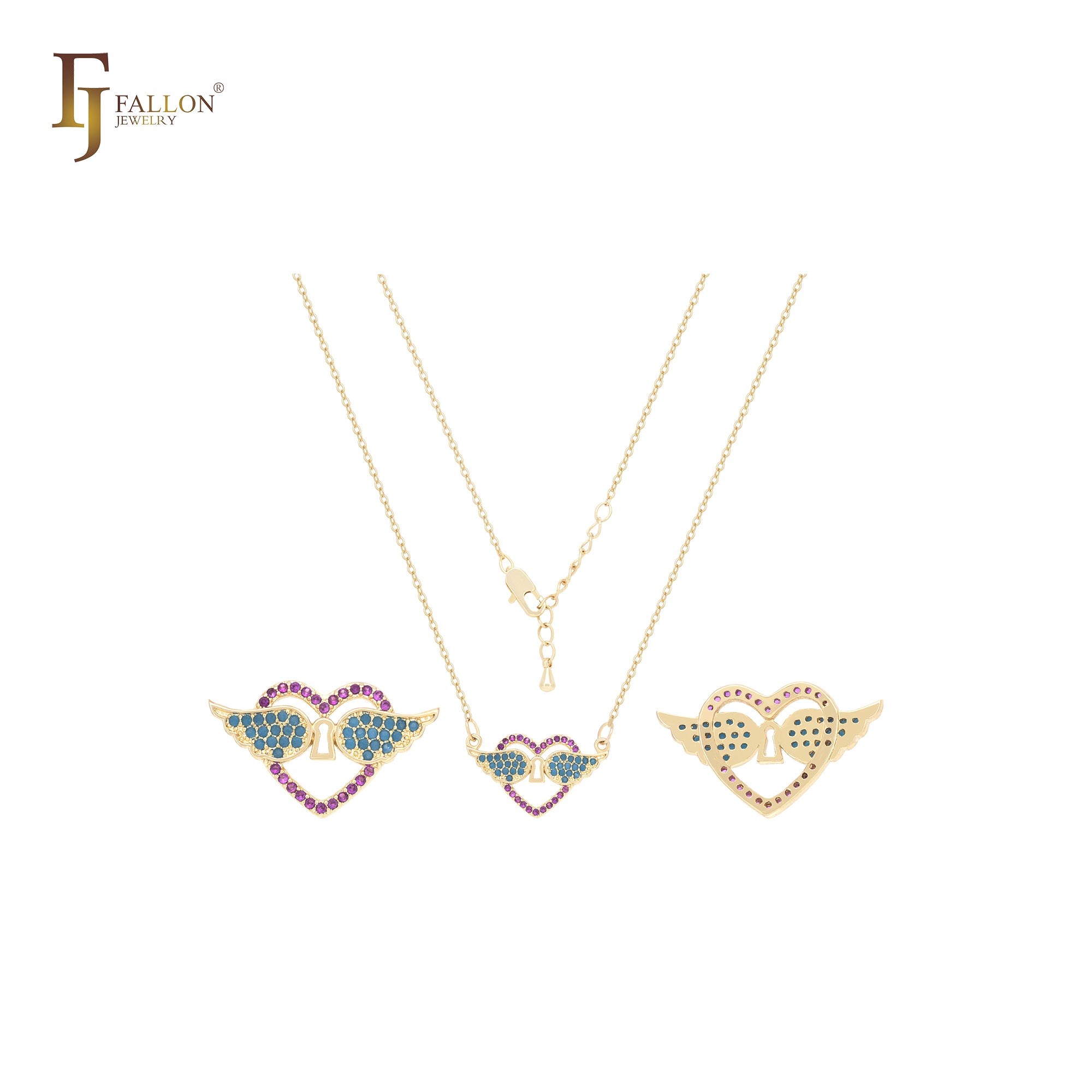 心形锁和翅膀簇 14K 金项链