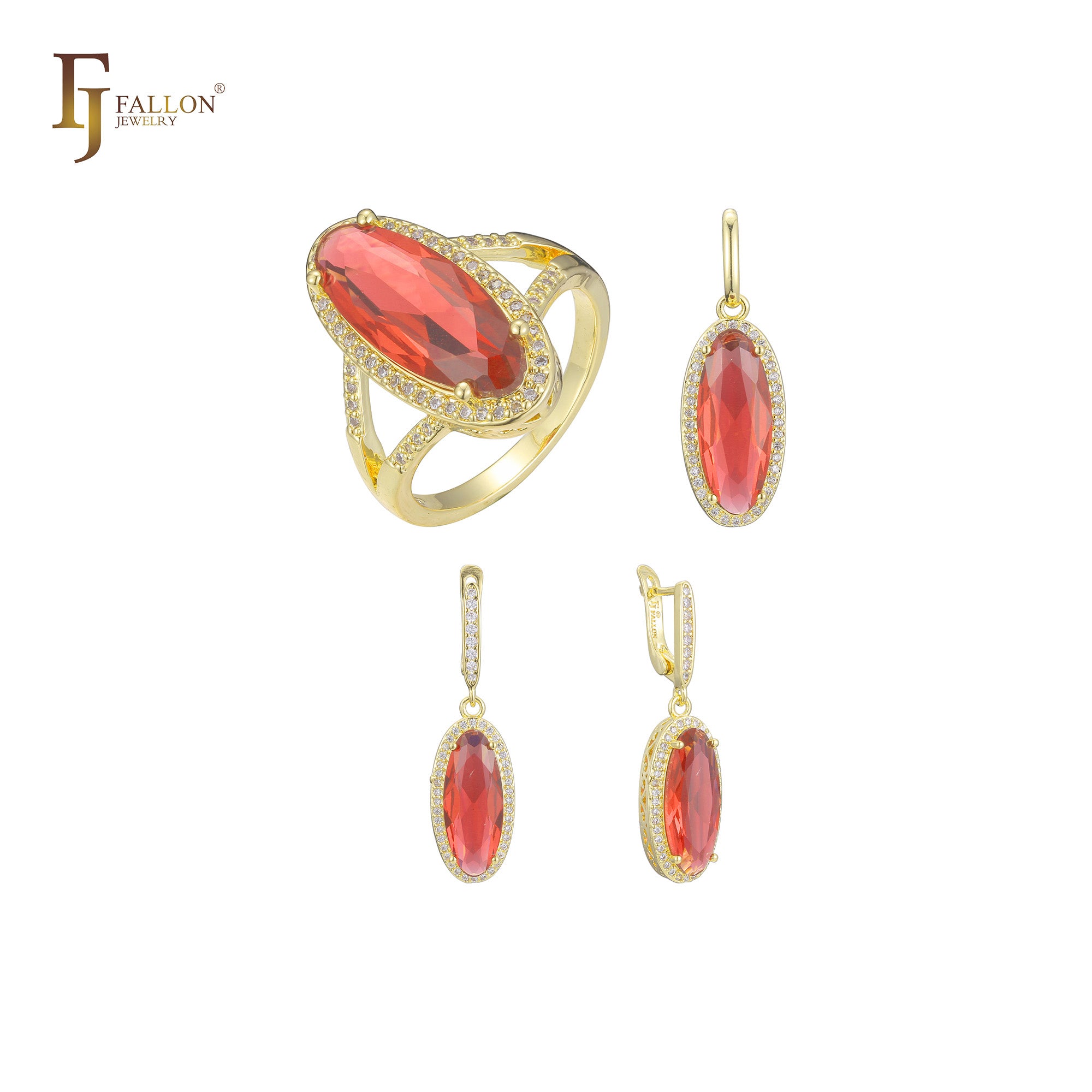 Big oval red stone halo set plated in Rose Gold colors