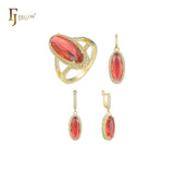 Big oval red stone halo set plated in Rose Gold colors