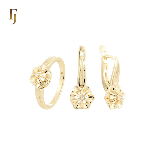 Solitaire white CZs clawed flower 14K Gold Jewelry Set with Rings