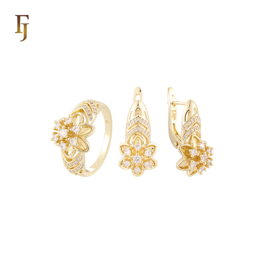 Wide open blooming white Czs cluster 14K Gold Jewelry Set with Rings