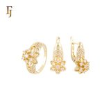 Wide open blooming white Czs cluster 14K Gold Jewelry Set with Rings