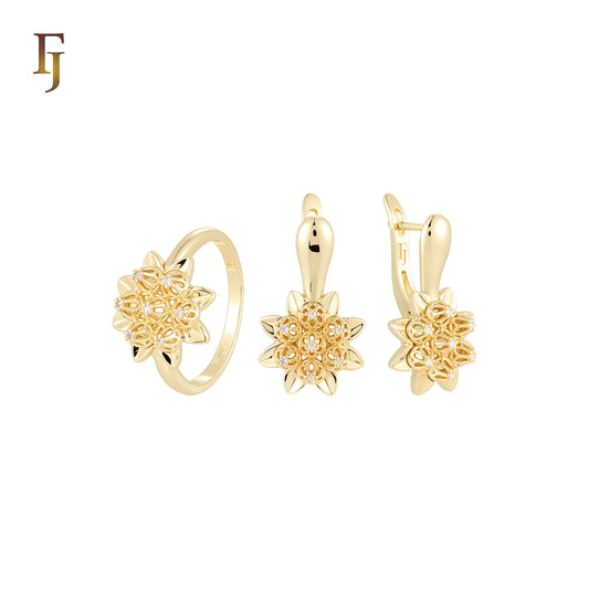 Cluster thousand flowers of white CZs 14K Gold Jewelry Set with Rings