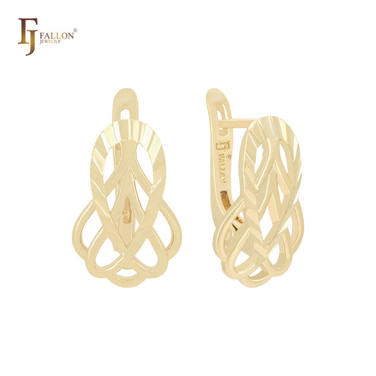 Elegantes pendientes de clip en dos tonos de oro rosa y oro de 14 quilates con filigrana de flores