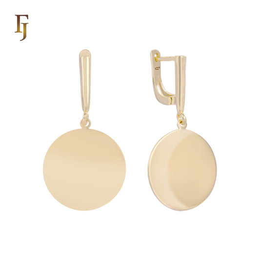 Pendientes minimalistas de clip con disco redondeado plano en oro de 14 quilates, oro rosa y oro blanco.