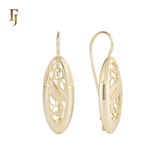 Pendientes de gancho de alambre de oro rosa y oro de 14 quilates con filigrana ondulada ovalada