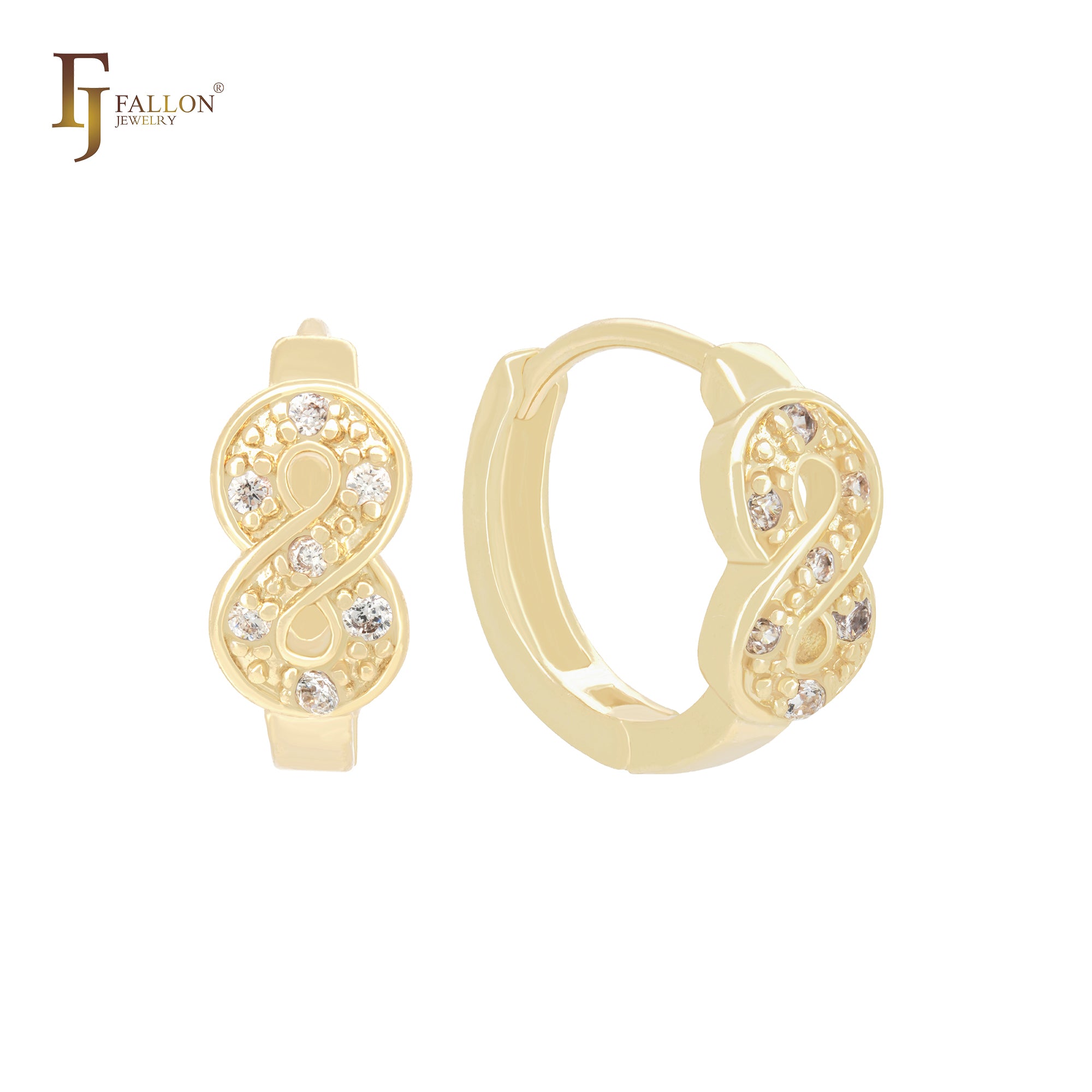 Pendientes Huggie de oro de 14 quilates con forma de ocho infinitos retorcidos de cuentas y circonitas blancas