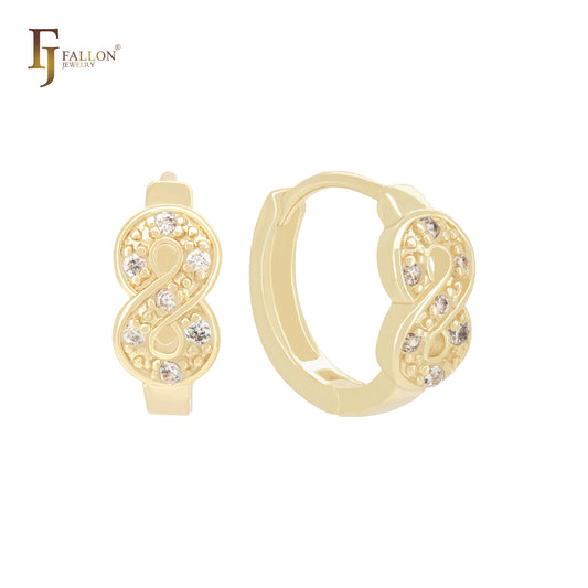 Pendientes Huggie de oro de 14 quilates con forma de ocho infinitos retorcidos de cuentas y circonitas blancas