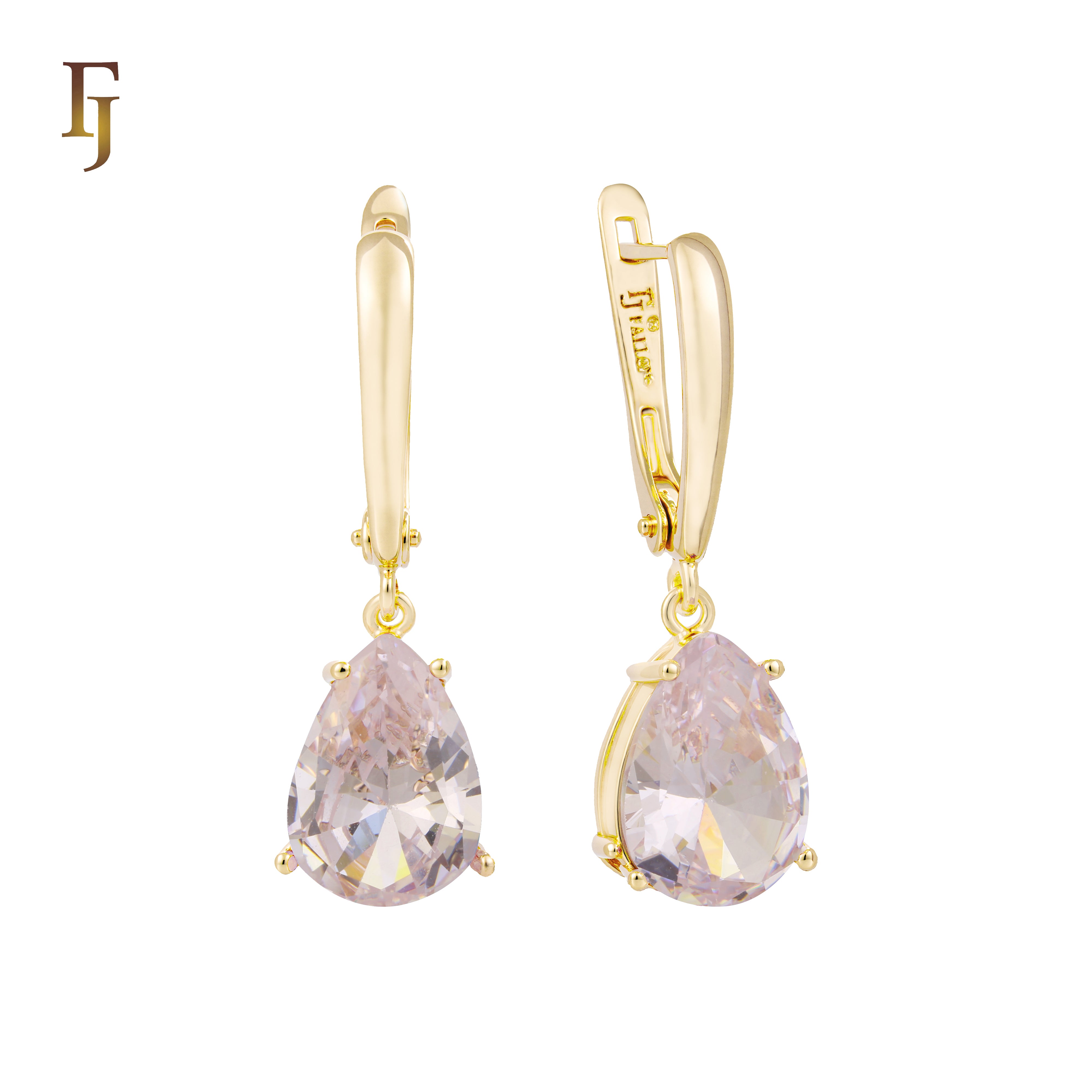 .Aretes de piedra en forma de lágrima en colores chapados en oro de 14 quilates, oro rosa y oro blanco.