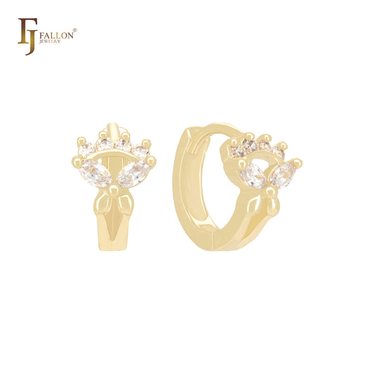 Pendientes Huggie de oro de 14 quilates con doble circonita blanca y flor de mariposa