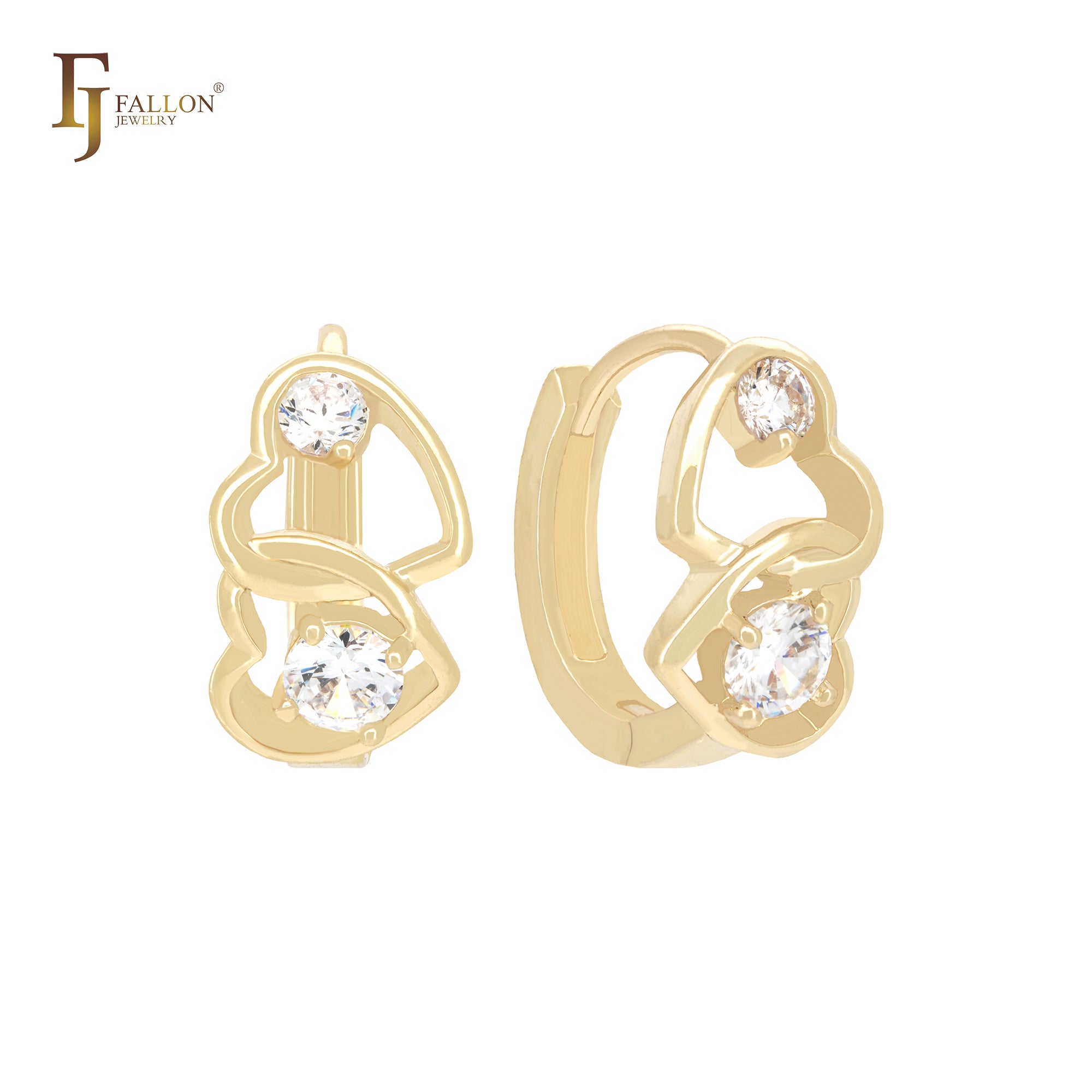 Brincos Huggie de ouro 14K com corações de zircônias cúbicas brancas e duplas