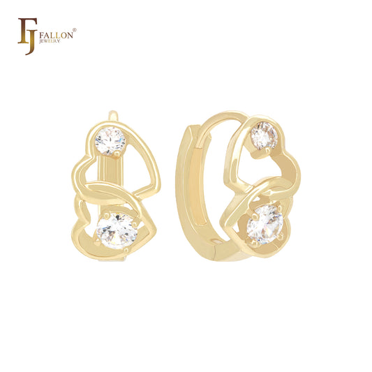 Brincos Huggie de ouro 14K com corações de zircônias cúbicas brancas e duplas