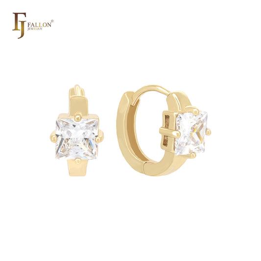 Pendientes Huggie de oro de 14 quilates con circonita blanca cuadrada y solitario