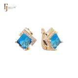 Aretes solitarios de piedra grande talla esmeralda en colores baño de Oro 14K, Oro 18K, Oro Rosa