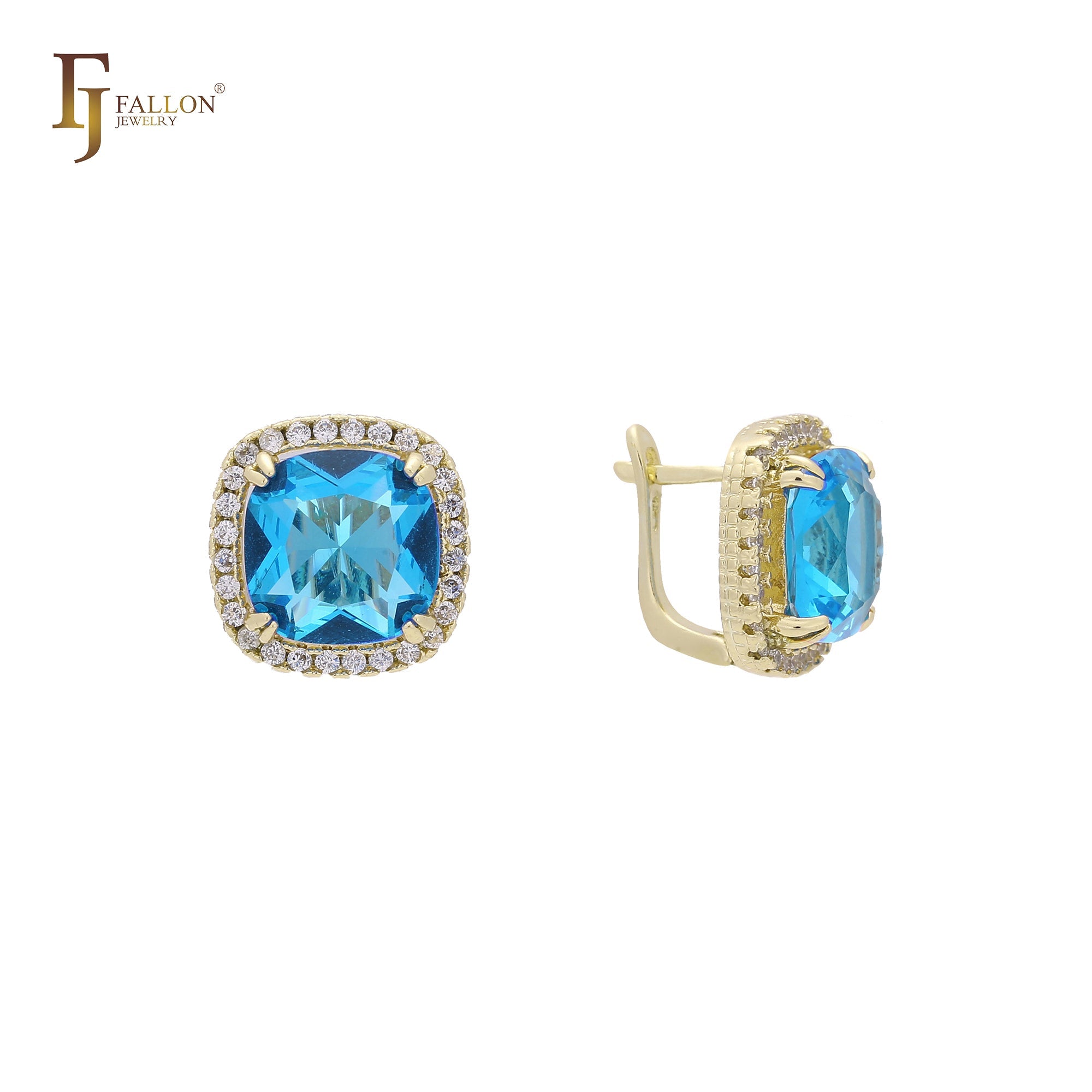 Pendientes Halo Solitaire de piedra grande en colores con baño de oro de 14 quilates, oro de 18 quilates y oro rosa.
