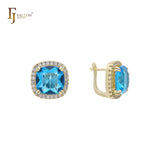 Pendientes Halo Solitaire de piedra grande en colores con baño de oro de 14 quilates, oro de 18 quilates y oro rosa.
