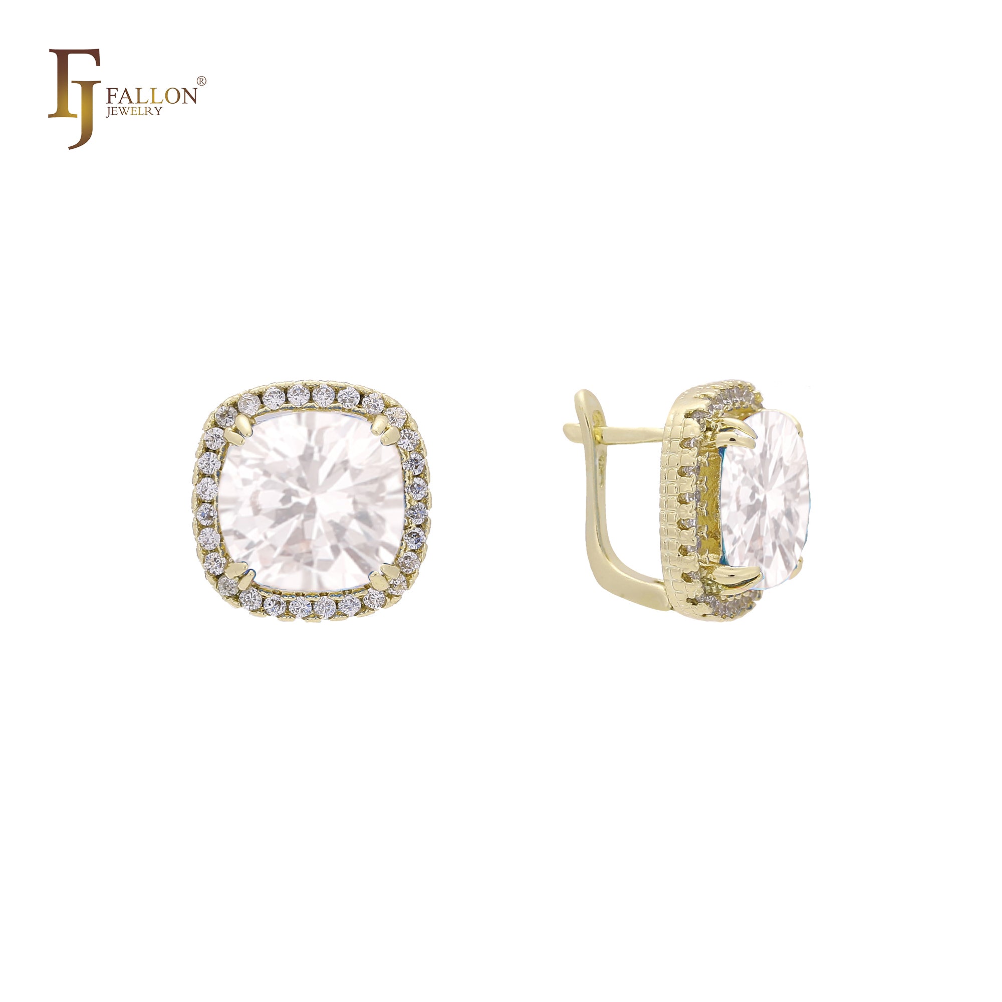 Pendientes Halo Solitaire de piedra grande en colores con baño de oro de 14 quilates, oro de 18 quilates y oro rosa.