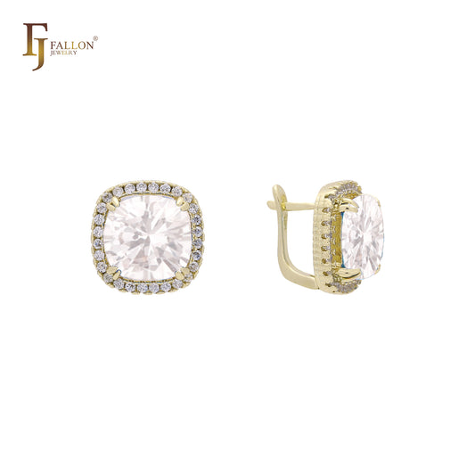Halo Solitaire 大宝石耳环，14K 金、18K 金、玫瑰金镀层