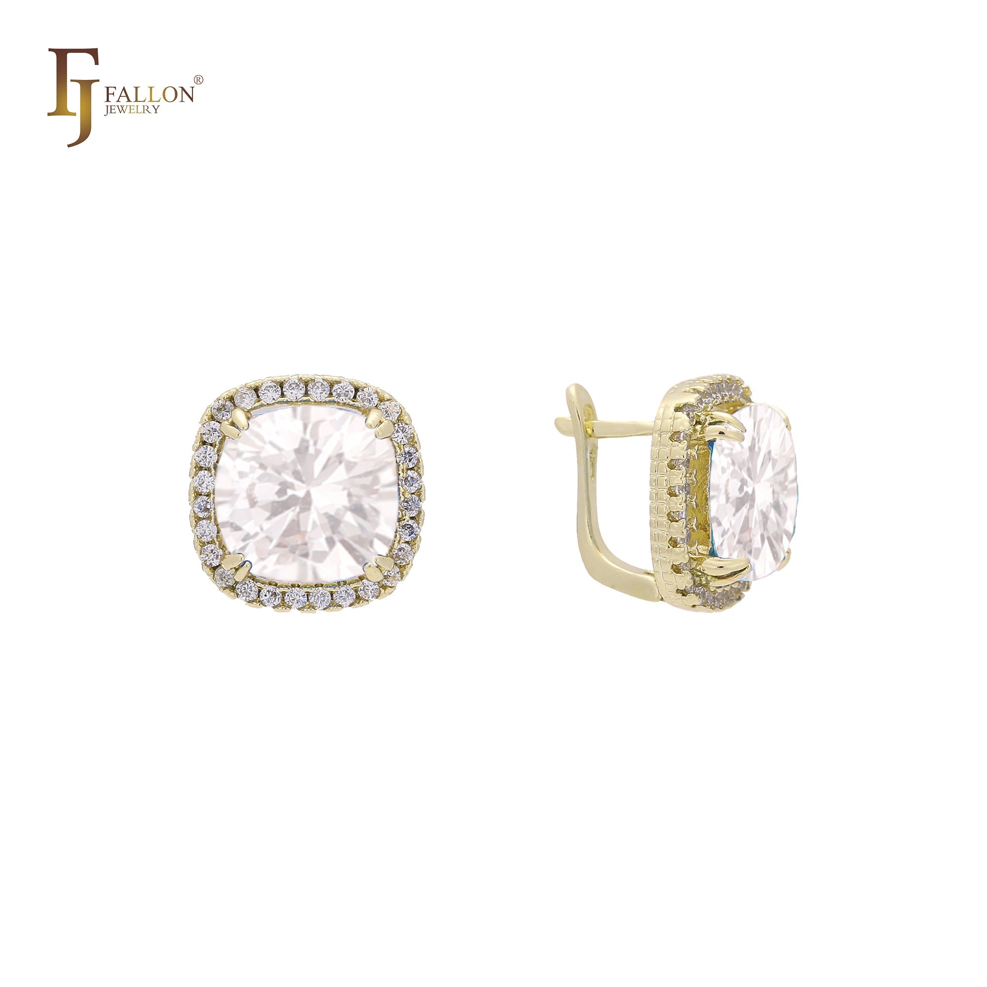 Pendientes Halo Solitaire de piedra grande en colores con baño de oro de 14 quilates, oro de 18 quilates y oro rosa.