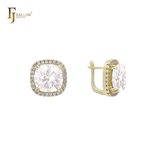 Halo Solitaire 大宝石耳环，14K 金、18K 金、玫瑰金镀层