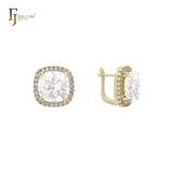 Pendientes Halo Solitaire de piedra grande en colores con baño de oro de 14 quilates, oro de 18 quilates y oro rosa.