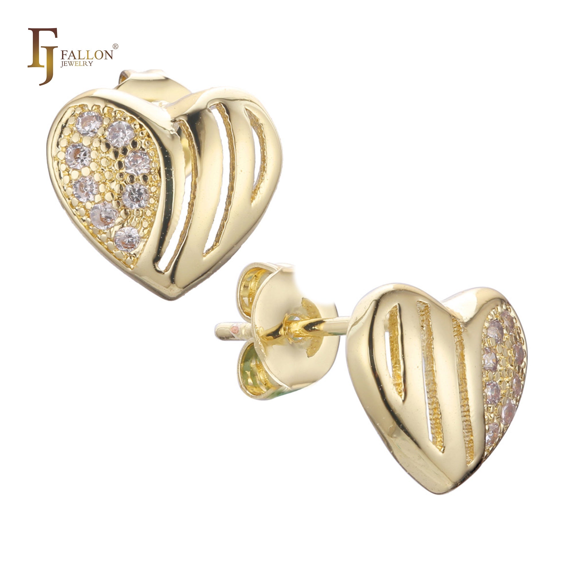 Aretes de corazón en Oro de 14K, baño de Oro Blanco en colores
