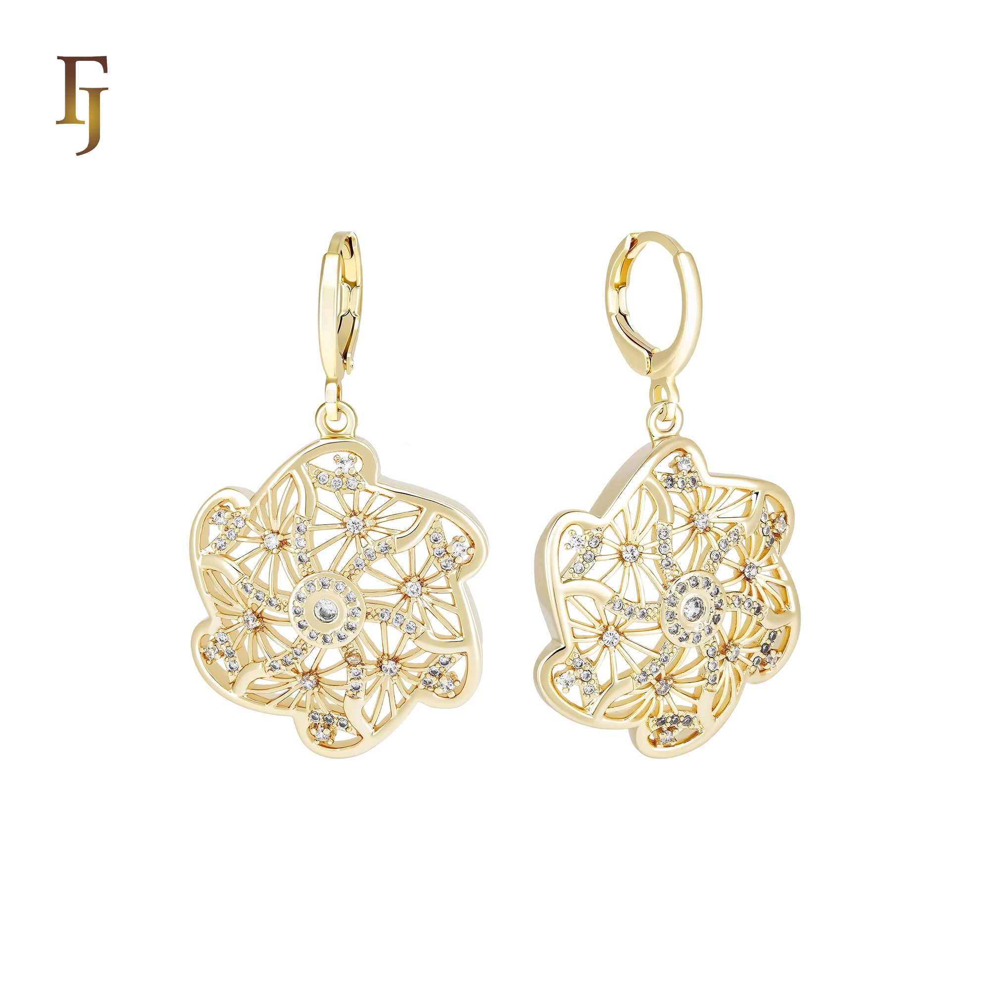 Huggie Snow flake white CZs 14K Gold drop Huggie Earrings