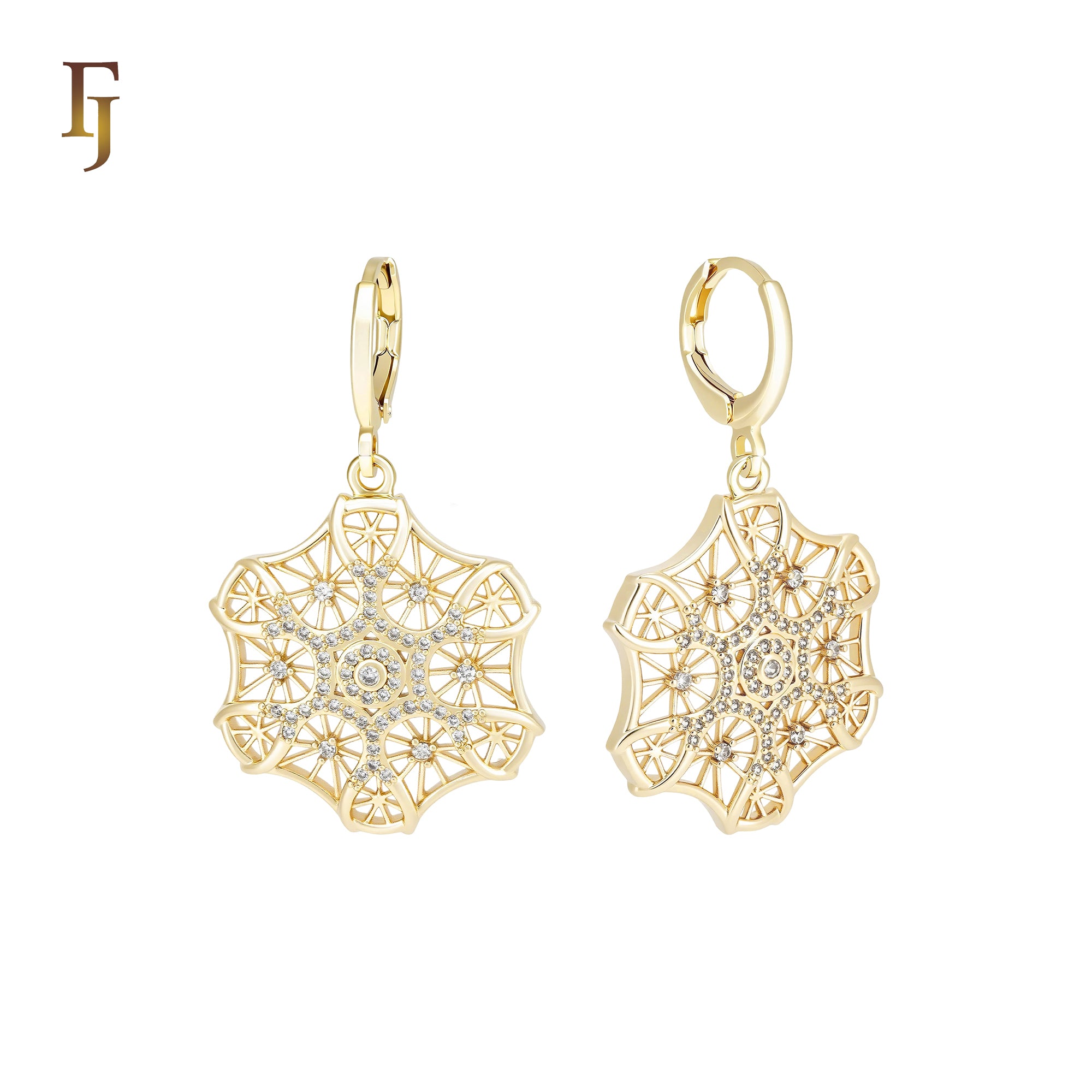 Radioactive Snow flake white CZs 14K Gold drop Huggie Earrings