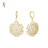 Rounded Snow flake white CZs 14K Gold drop Huggie Earrings