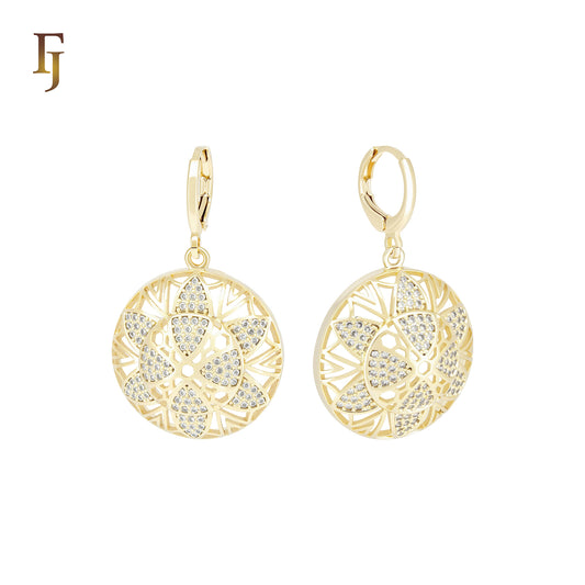 Snowfalke white CZs 14K Gold drop Huggie Earrings