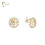 Tree of life halo white CZs 14K Gold Stud Earrings