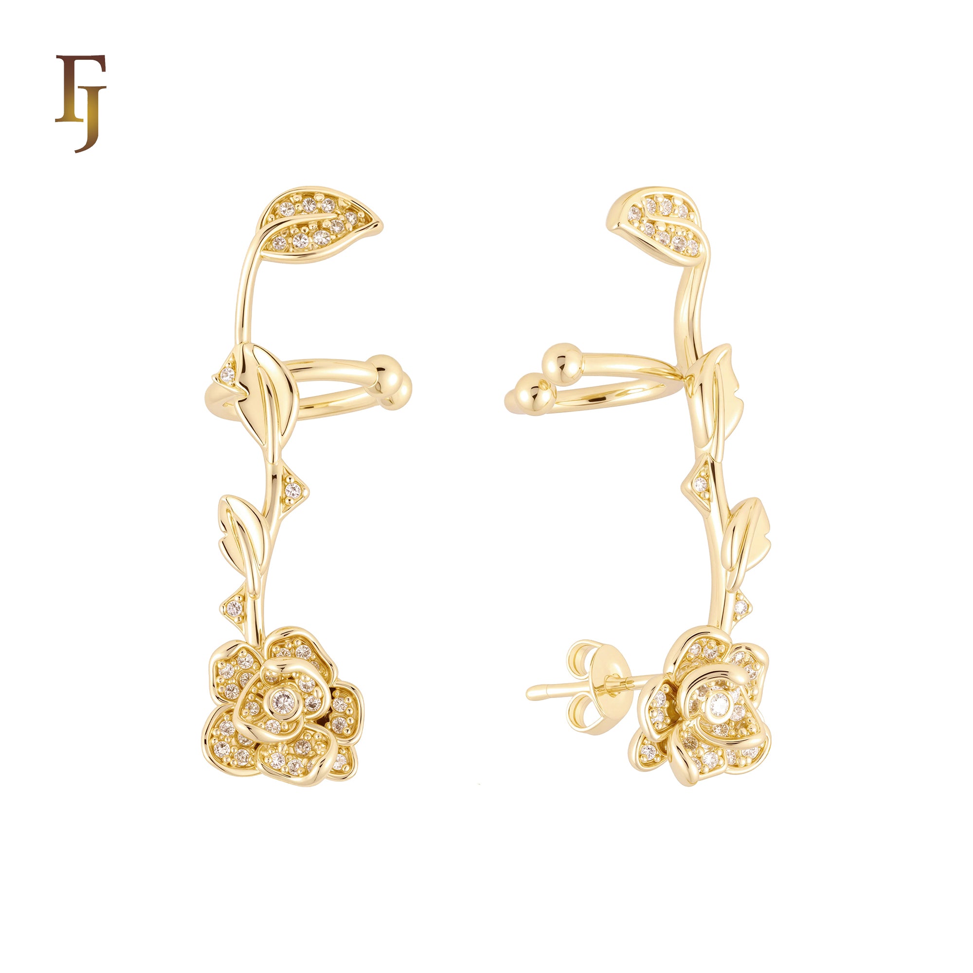 Rosy Rose flower with Leaves cluster white CZs 14K Gold, Rose Gold Stud and Clip Ear Climber Crawler Earrings