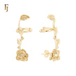 Rosy Rose flower with Leaves cluster white CZs 14K Gold, Rose Gold Stud and Clip Ear Climber Crawler Earrings