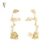 Rosy Rose flower with Leaves cluster white CZs 14K Gold, Rose Gold Stud and Clip Ear Climber Crawler Earrings