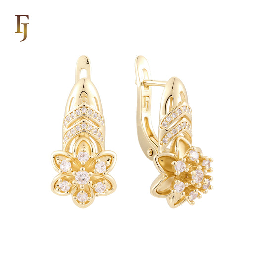 Floral Cubic Zirconia Leverback Russian Lock Earrings 14K Gold Plated Hypoallergenic Tarnish Resistant Jewelry FJ Fallon Jewelry