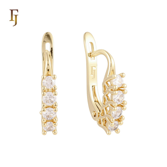 Four Stone Cubic Zirconia Leverback Russian Lock Earrings 14K Gold Plated Hypoallergenic Tarnish Resistant Jewelry FJ Fallon Jewelry