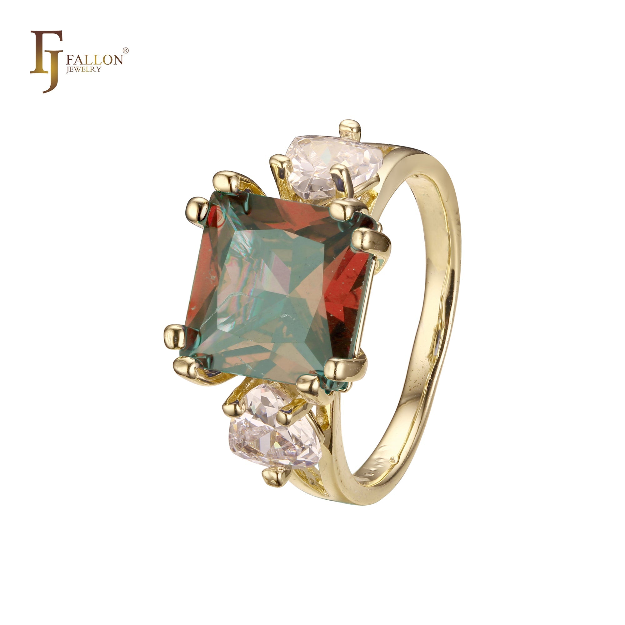 Anillo de compromiso en oro de 14 quilates con solitario de gran corte esmeralda y circonitas cúbicas coloridas en ambos lados, con dos circonitas blancas.