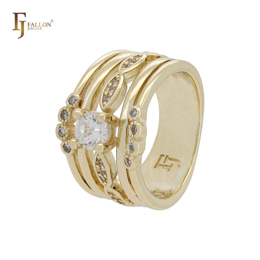 Anillos de boda de triple banda con solitario ancho enchapados en oro de 14K