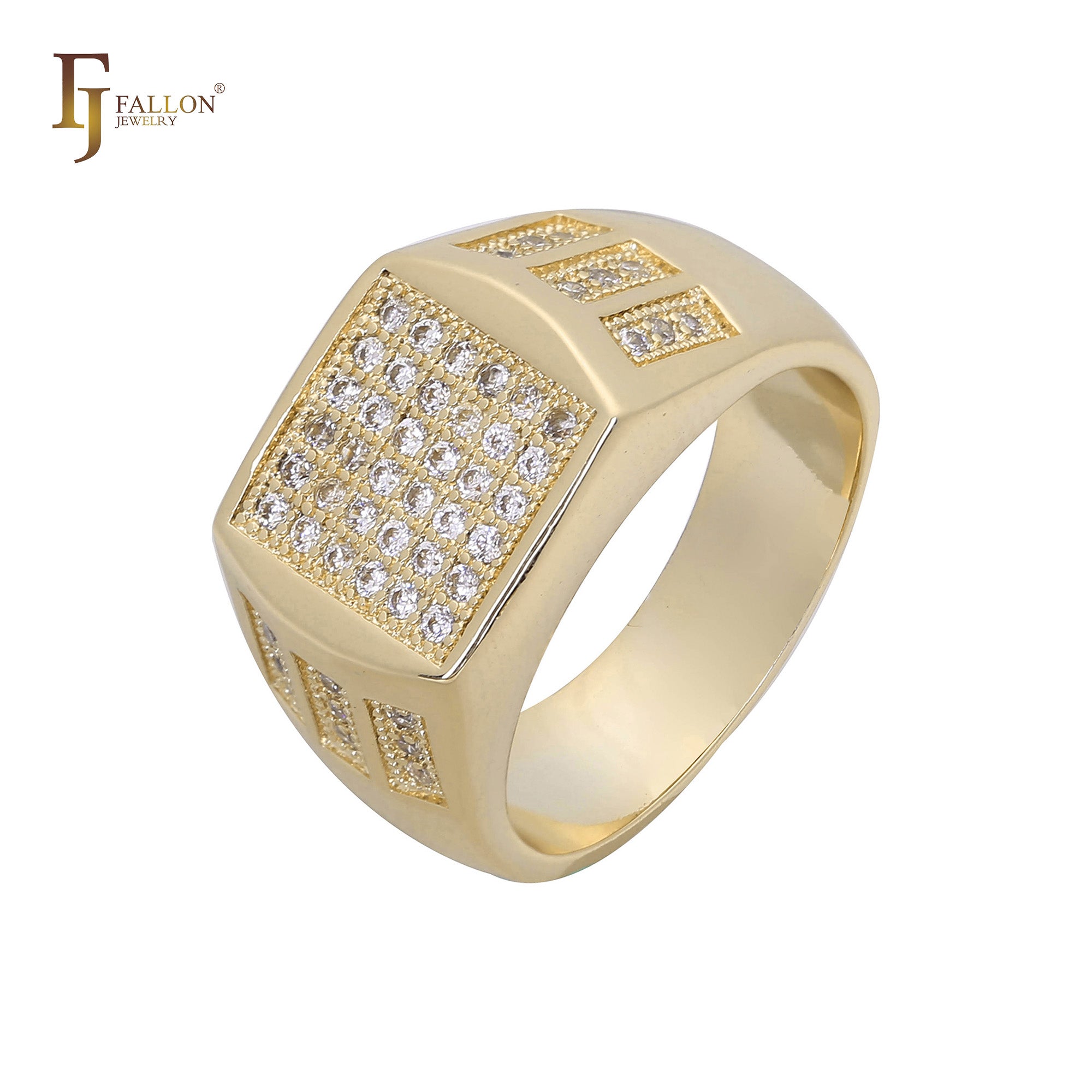 Wide Squared white CZs cluster signet 14K Gold Men's Rings