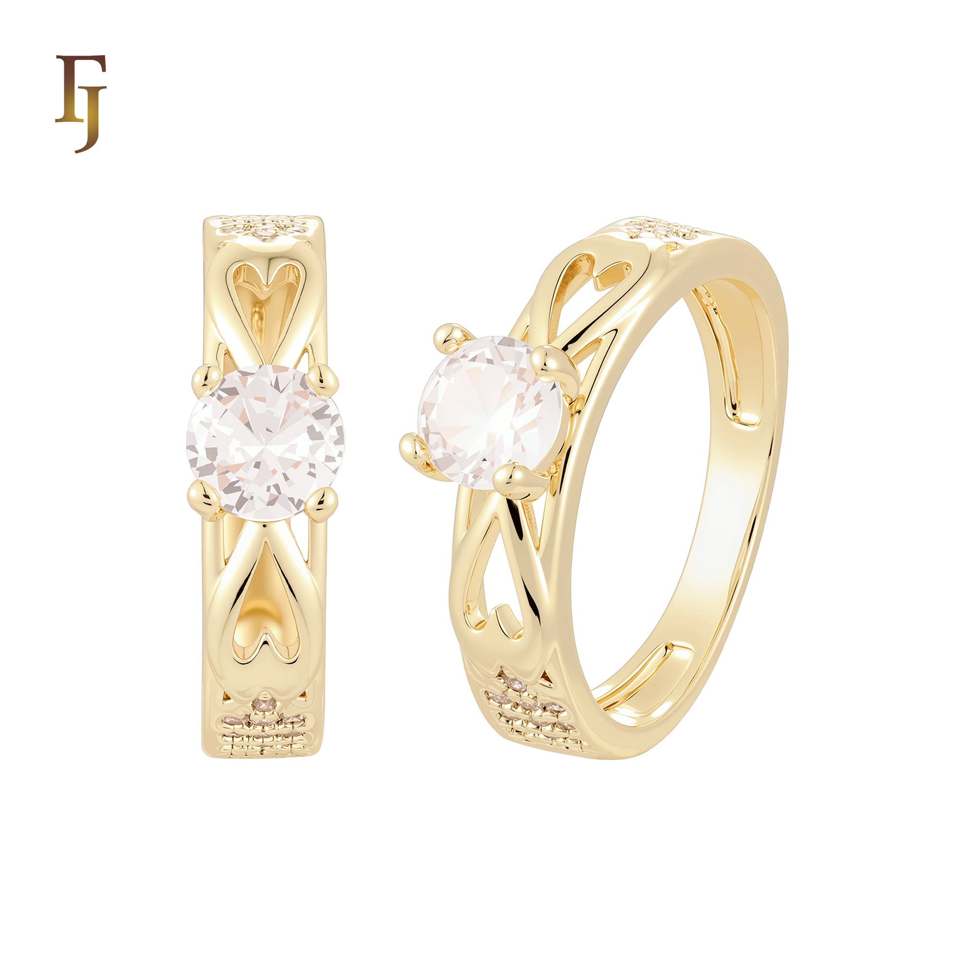 Double Heart with white CZs flower 14K Gold Wedding Set Rings