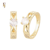 Double Heart with white CZs flower 14K Gold Wedding Set Rings