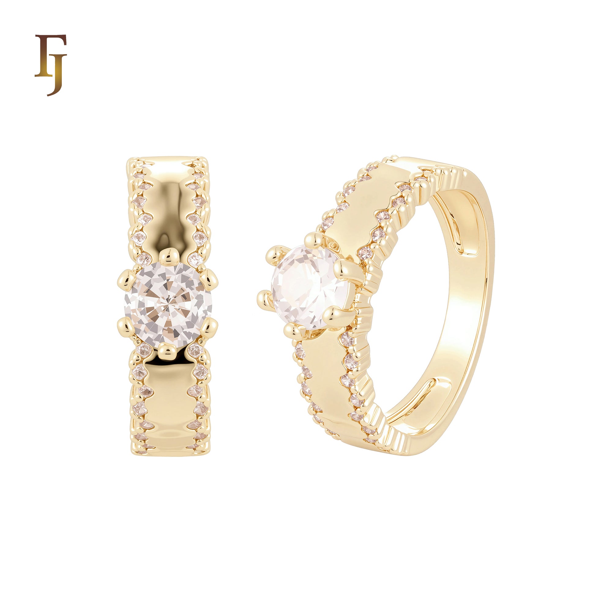 Paved double irregular white CZs rows 14K Gold Wedding Set Rings