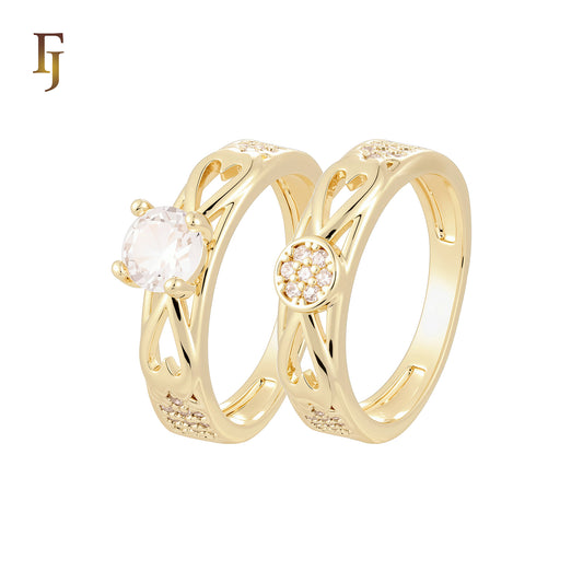 Double Heart with white CZs flower 14K Gold Wedding Set Rings