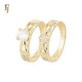 Double Heart with white CZs flower 14K Gold Wedding Set Rings