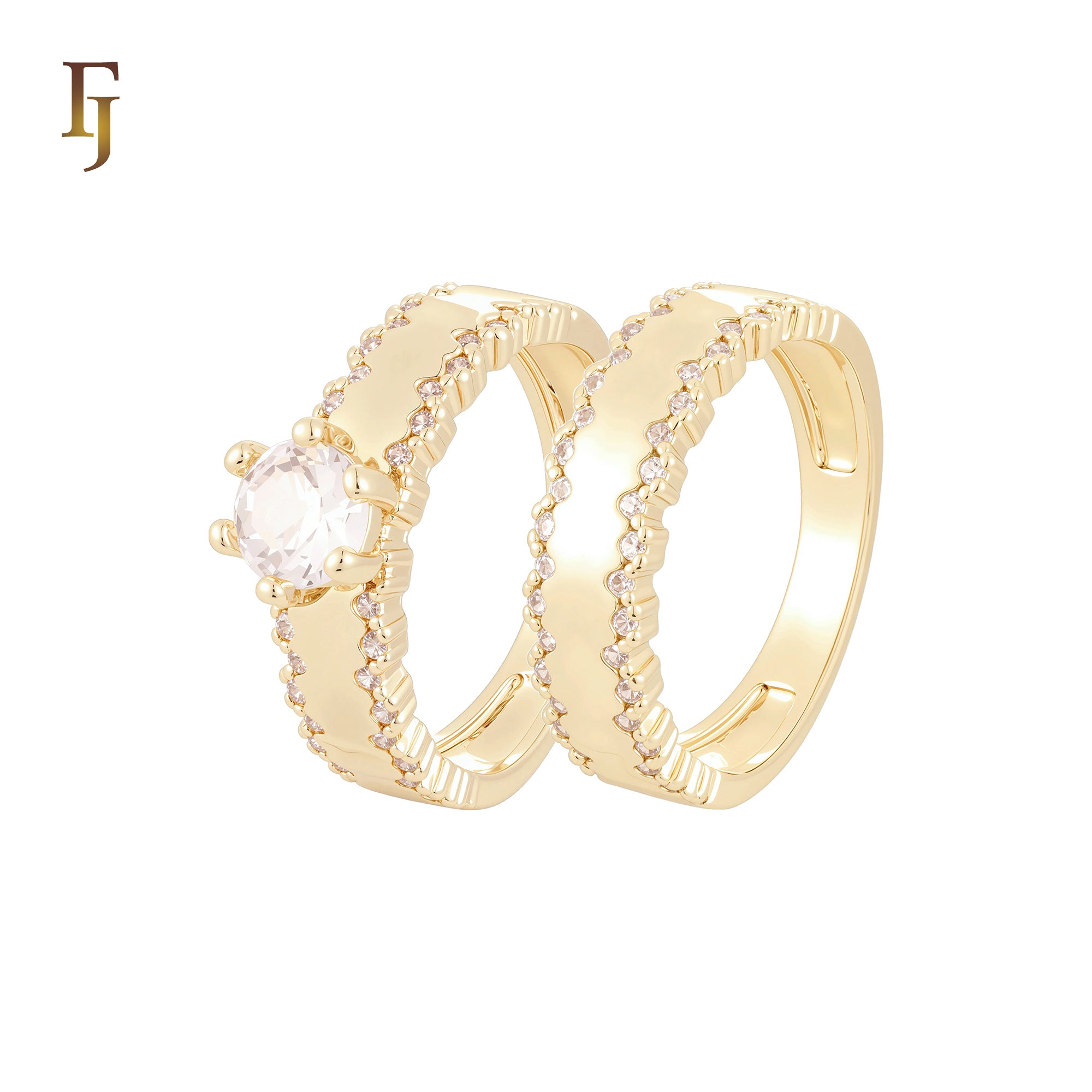 Paved double irregular white CZs rows 14K Gold Wedding Set Rings