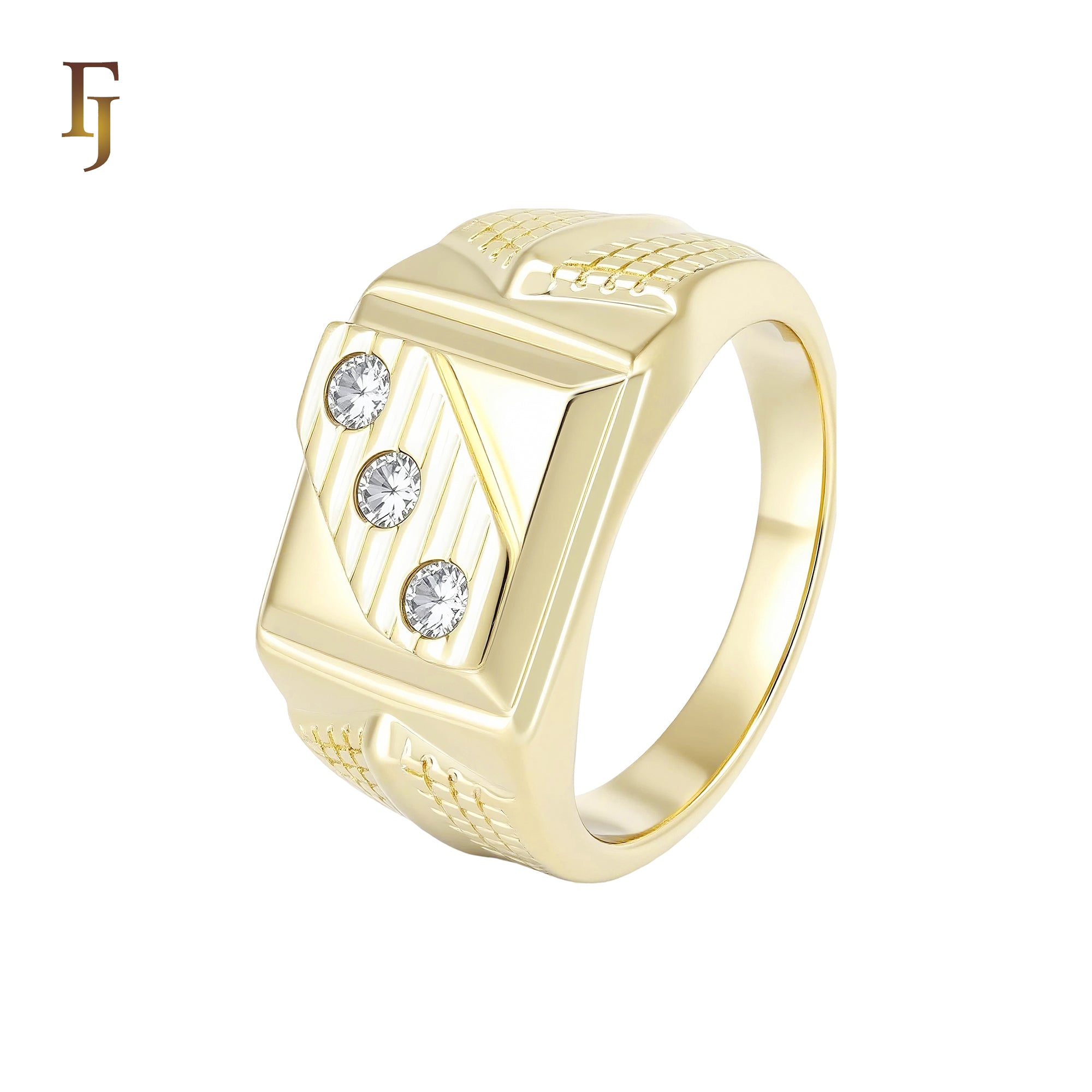Triple slash white CZs 14K Gold Men's Rings
